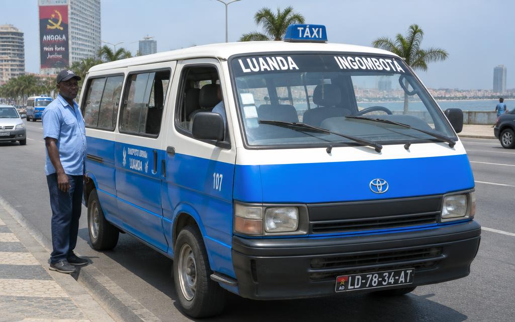 Cena de operação de minibus azul e branco de Luanda