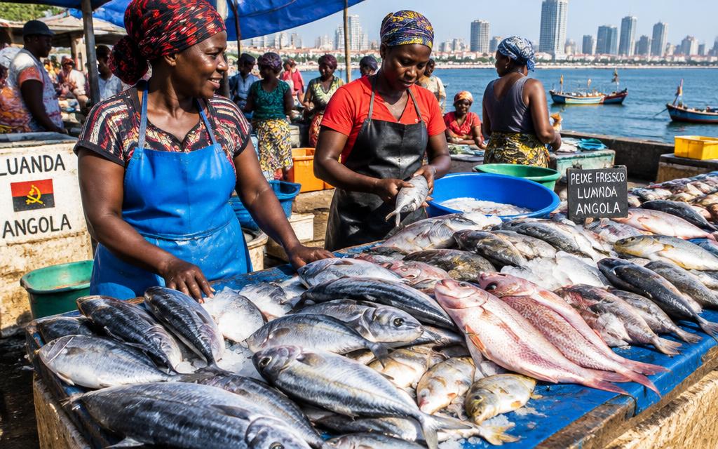 Bancas do mercado de peixe à beira-mar de Luanda