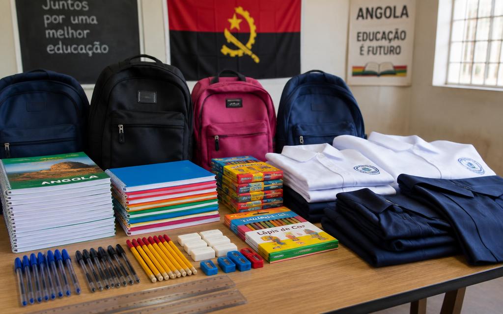Fardas escolares, mochilas escolares e artigos de papelaria bem organizados