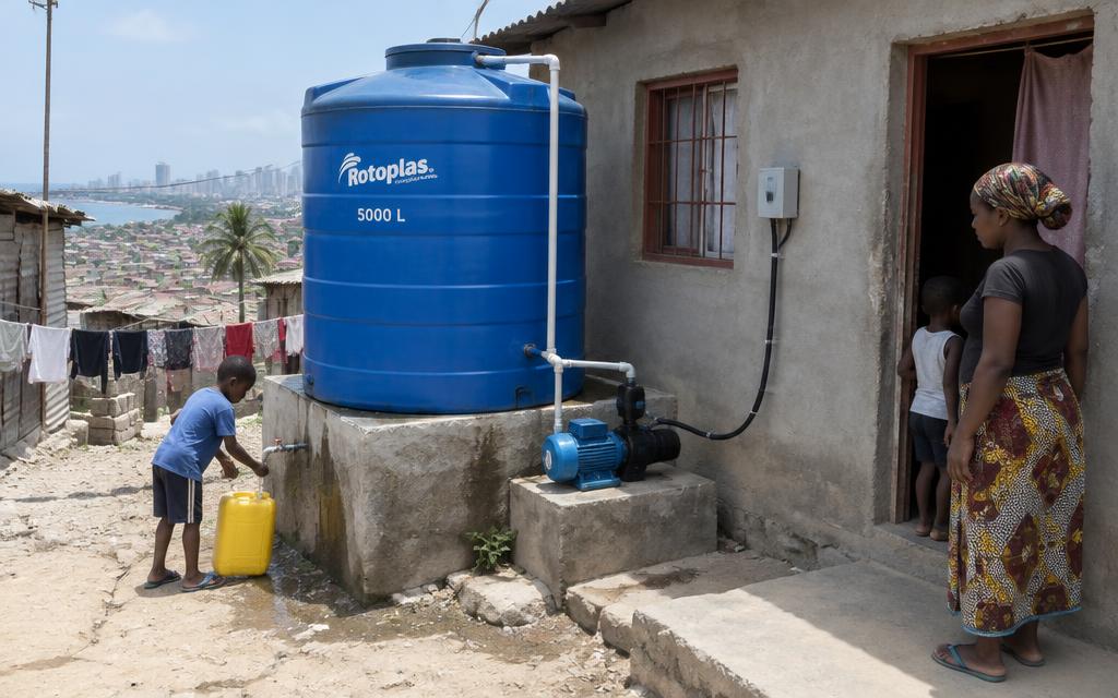 Depósito de água azul e bomba junto da casa